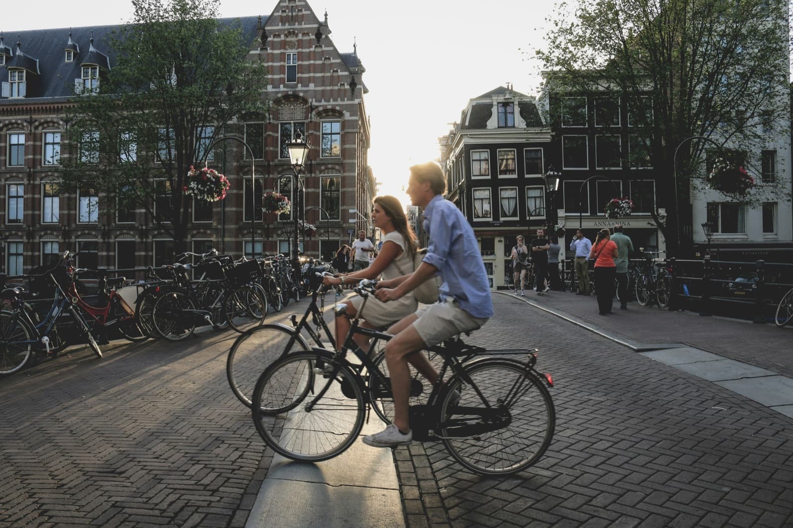 Amsterdamse grachtenpanden in warm avondlicht
